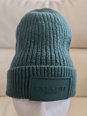 Coach Ribbed Knit Beanie in Teal Green